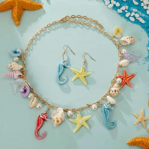 Vista 3 de Collar de estrella de mar de concha, pulsera de caracola, collar grueso de sirena, joyería de playa para mujer
