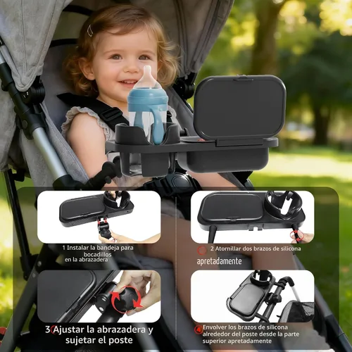 Vista 8 de Bandeja universal para refrigerios para cochecito, compatible con Nuna Uppababy Mockingbird, bandeja de aperitivos para cochecito con soporte