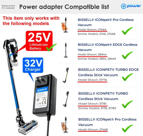 Vista 3 de T POWER Cargador de 32 V para Bissell ICONpet Pro 2746 27468 2746A Edge 2894 2894A Aspirador inalámbrico Stick 1620774 SIL SSC-320110US borrador