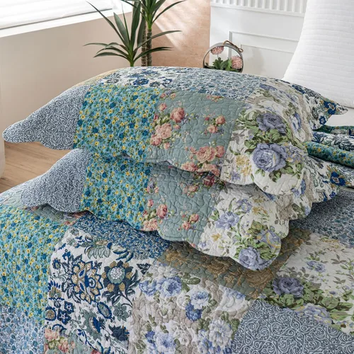 Vista 4 de YAYIDAY - Edredón tamaño Queen, juego de colcha con diseño de retazos - 100% algodón reversible y transpirable con estampado floral acolchado