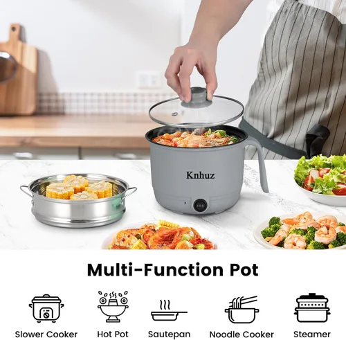 Vista 2 de Olla eléctrica caliente con vaporizador, cocina rápida de ramen, mini olla eléctrica de autocalentamiento portátil de 1.8L para cocinar fideos, Gris
