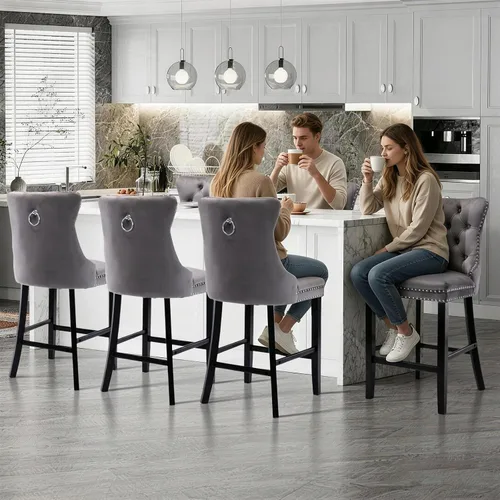 Vista 236 de SoarFlash Juego de 2 taburetes de bar tapizados de terciopelo moderno con patas de madera, botones acolchados, cabeza de clavo cromada, asiento