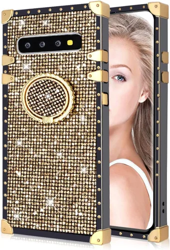 Vista 2 de LUVI Funda para Galaxy S10 Plus, purpurina brillante con soporte de anillo, parachoques de TPU a prueba de golpes, color dorado
