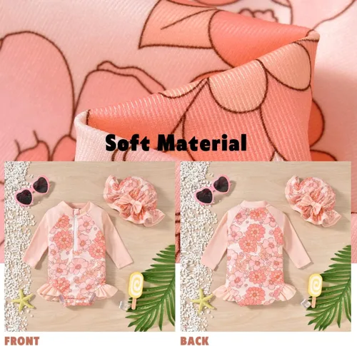 Vista 3 de Aalizzwell - Traje de baño de una pieza de manga larga para bebé niña con sombrero