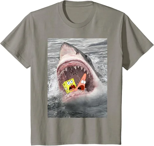 Vista 23 de Camiseta divertida de Bob Esponja con diseño de tiburón y ataque de tiburón para hombres y mujeres Negro