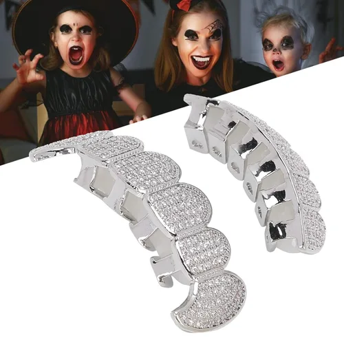 Vista 4 de Rejillas de dientes de cobre chapado en frío, oro plateado, dientes de diamante helados para hombres y mujeres rapero traje dientes joyería