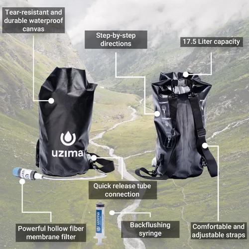Vista 4 de Uzima UZ-BP Sistema de filtro de agua por gravedad de 17.5 L - Sistema de filtración de agua certificado por la OMS - Equipo de supervivencia
