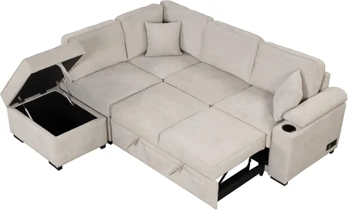 Vista 19 de LUMISOL Sofá cama convertible 3 en 1 de 55.9 pulgadas con puertos USB, portavasos, soporte giratorio y bolsillos de almacenamiento, sofá cama Gris