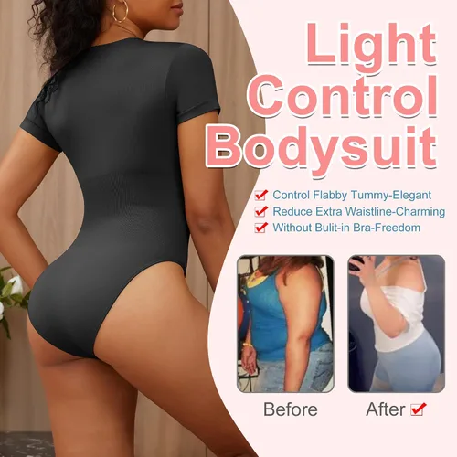 Vista 4 de Body de manga corta con cuello redondo para mujer, sin costuras, camiseta triangular acanalada, camiseta básica, leotardo