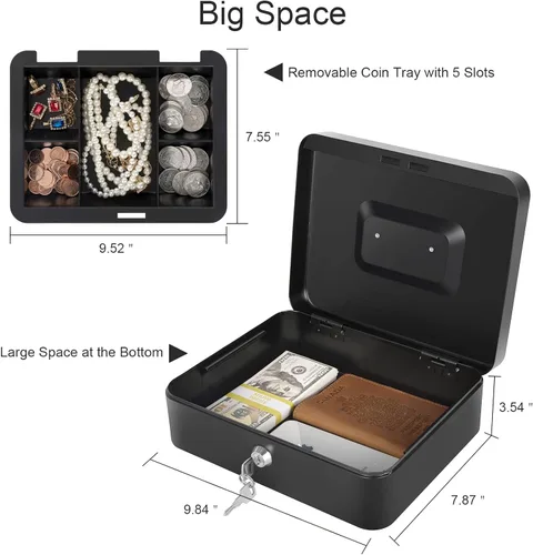 Vista 4 de Caja de dinero con cerradura y bandeja de dinero, caja de dinero de metal, caja grande para dinero 9.84 x 7.87 x 3.54 pulgadas, color negro