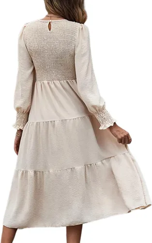 Vista 4 de SEBOWEL Vestido largo de manga larga con cuello redondo para mujer, con volantes escalonados, acampanado, vestido fluido para fiesta de cóctel