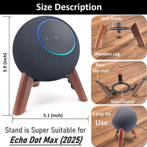 Vista 2 de Real Wood Stand for Echo dot max (new Model) 2025 Released,Desktop Tripod Mount Accessories Protect dot Audio for Better Sound,Secure Stable Wooden