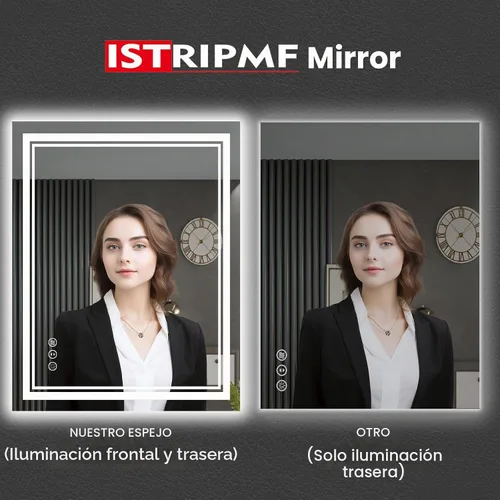 Vista 2 de Espejo de baño LED de 24 x 28 pulgadas, luz frontal y retroiluminada, antiniebla, regulable, espejo de tocador iluminado con memoria, espejo LED