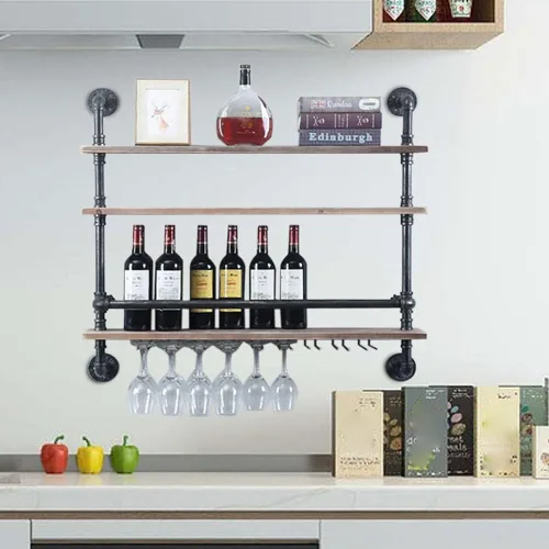 Vista 2 de DNYSYSJ Estante de vino negro de 3 niveles montado en la pared con soporte para vidrio colgante estilo europeo soporte de almacenamiento de vino