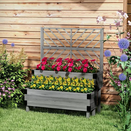 Vista 2 de Outsunny Cama de jardín elevada de 2 niveles con enrejado, maceta elevada de madera con agujeros de drenaje, forros, esquinas de metal, maceta