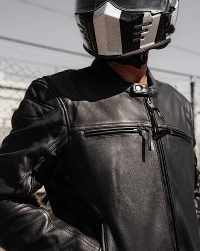 Vista 3 de First Mfg Co - Top Performer - Chaqueta de cuero de motociclista para hombre Negro