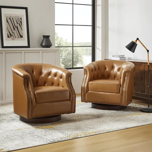 Vista 12 de HULALA HOME Silla mecedora giratoria de cuero auténtico, totalmente montada Beige