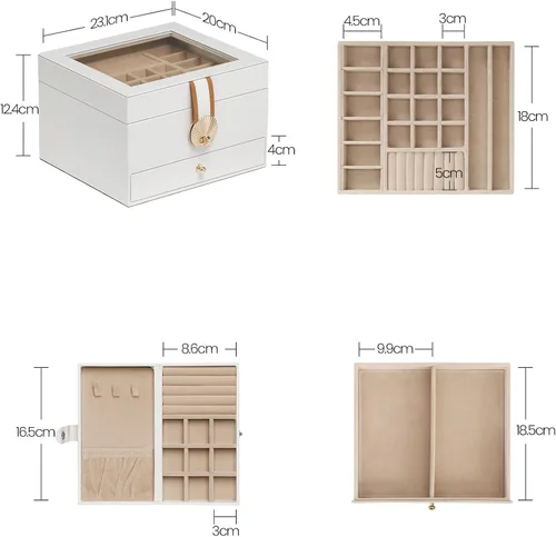 Vista 7 de Hzuaneri Joyero de 3 capas, 1 soporte individual para joyas, 1 cajón, organizador de joyas con tapa de vidrio, estuche de joyería de piel sintética