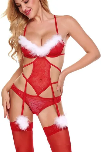 Vista 2 de Christmas Lingerie for Women Strappy Furry Trim Cut Out Bodysuits Xmas One Piece Teddy with Garter Babydoll Chemises