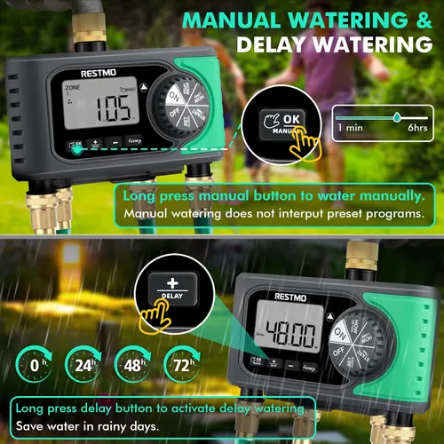 Vista 5 de RESTMO - Temporizador de aspersor de 4 salidas con entrada de latón, temporizador de agua programable de 4 zonas para manguera de jardín, control