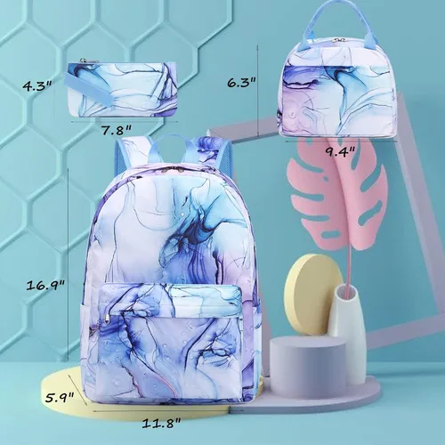 Vista 6 de Jumpopack Mochila escolar para adolescentes y niñas, mochila con lonchera, mochilas para niños para escuela primaria, bolsa de libros (azul mármol)