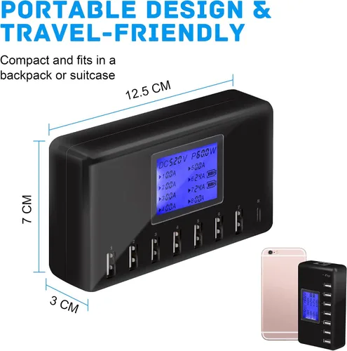 Vista 3 de Estación de carga USB de 60 W, 12 A, 8 puertos, cargador concentrador USB multipuerto, pantalla LCD de tamaño compacto, compatible con iPhone, iPad