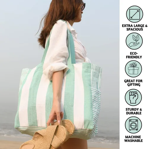 Vista 2 de Folkulture Bolsa de playa para mujer 17 x 14 pulgadas - Bolsa de playa 100% algodón con bolsillo con cremallera en el interior, bolsa de piscina