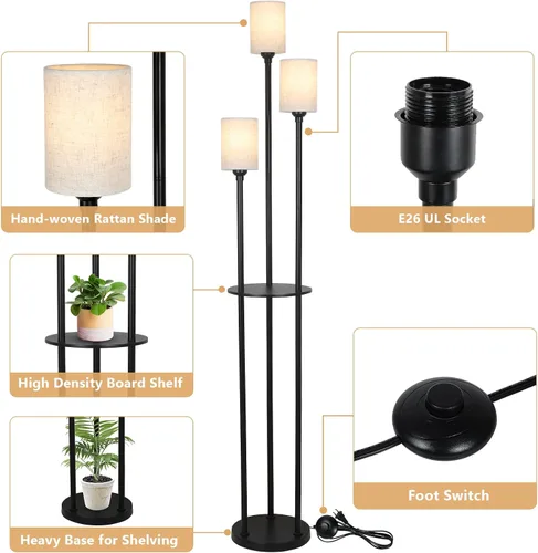 Vista 4 de Lámpara de pie con estantes, lámparas de pie modernas para sala de estar, lámpara de pie de 3 luces con pantalla de lino e interruptor de pie