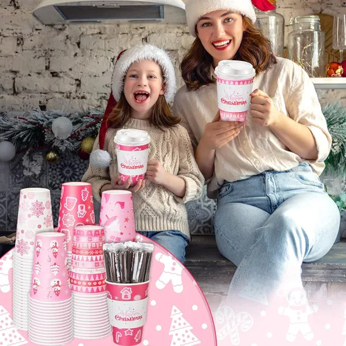 Vista 5 de Ziliny 100 juegos de tazas de papel de Navidad con manga y tapa con pajita, tazas de chocolate caliente y cacao para fiestas de Navidad, suministros