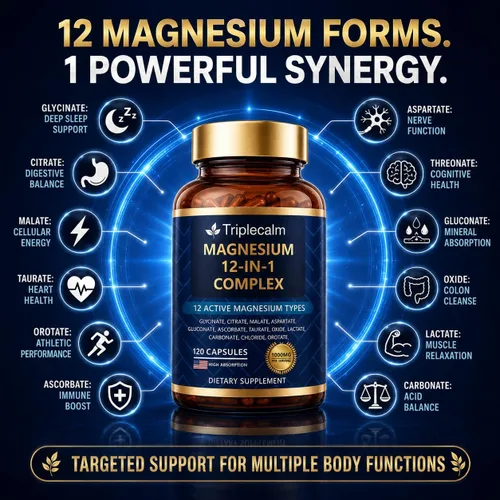 Vista 3 de Complejo de magnesio 12 en 1 para mujeres y hombres, suplemento de magnesio de alta absorción de 1000 mg con glicinato, citrato, malato y taurato