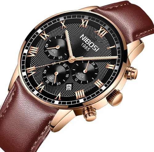 Vista 3 de NIBOSI Watches for Men Casual Fashion Brown Leather Band Chronograph Waterproof Business Analog Quartz Dress Big Face Large Luminous Sports Wrist