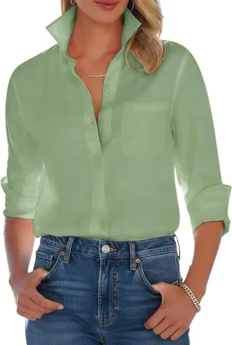 Vista 16 de Camisas con botones para mujer, camisa de vestir de manga larga, sin arrugas, con cuello, camisa de trabajo, casual, blusa de oficina