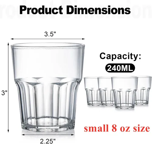 Vista 2 de Tebery Paquete de 8 vasos de plástico transparente, 8 onzas sin BPA, reutilizable, para agua potable, pequeño, apilable, irrompible