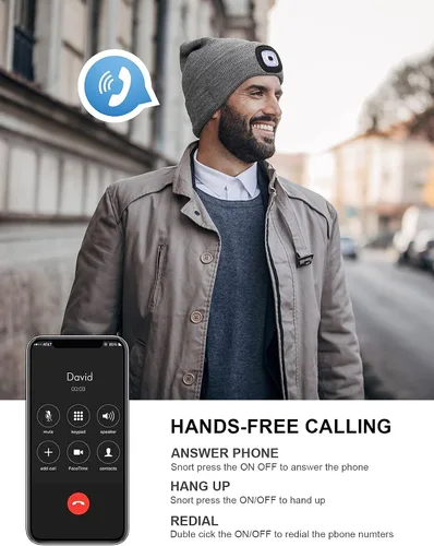 Vista 4 de Gorro Bluetooth con 4 luces LED, recargable por USB, con auriculares, gorro con altavoces estéreo y micrófono, para iluminar por la noche, gorro