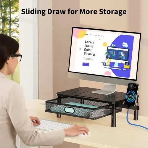 Vista 5 de Zimilar Soporte elevador para monitor con cajón de malla metálica, elevador de monitor de altura ajustable con soporte para teléfono
