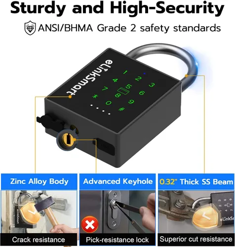 Vista 4 de eLinkSmart Candado inteligente resistente con llave, bloqueo de almohadilla con teclado de código, resistente a la intemperie, Bluetooth RFID