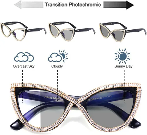 Vista 3 de Gafas de sol para mujer con diamantes de imitación de ojo de gato, lentes de sol de transición fotocrómicas progresivas multifocales