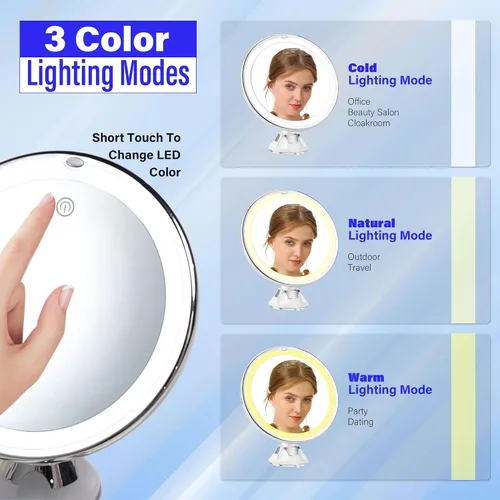 Vista 4 de Snowflakes - Espejo de maquillaje iluminado con 10 aumentos, ventosas y giro de 360°, control táctil, 3 modos de luz, ideal para el hogar, tocador