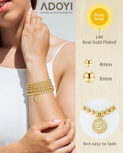 Vista 5 de adoyi Gold Silver Bracelets for Women Beaded Bracelet 14K Gold Plated Bracelet Stack Initial Letter A-Z Strand Stretch Bead Stackable Bracelet Set