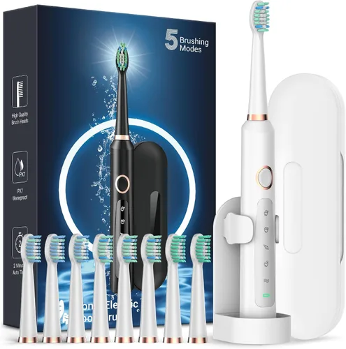 Vista 14 de Rtauys Cepillo de dientes eléctrico M5 para adultos, cepillo de dientes eléctrico sónico para niños y adultos con 8 cabezales de cepillo y estuche