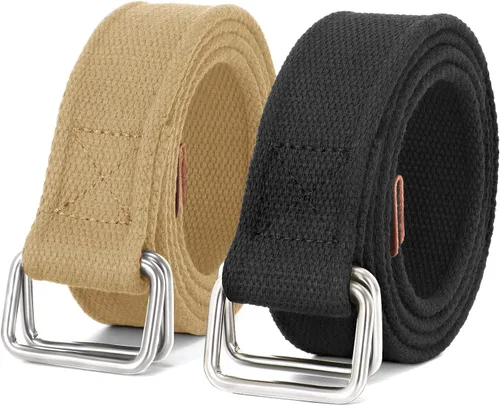 Vista 7 de JASGOOD Cinturones de tela de lona para hombre, cinturones casuales de tela con hebilla de doble anillo negro, paquete de 2