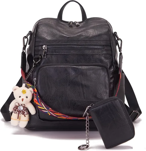 Vista 2 de Qiyuer Mochila de piel sintética para mujer, bolso de hombro convertible de viaje para mujer, color negro