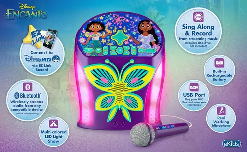 Vista 5 de eKids Disney Encanto - Máquina de karaoke con altavoz Bluetooth con micrófono para niños, con puerto USB para reproducir música, fácil acceso a