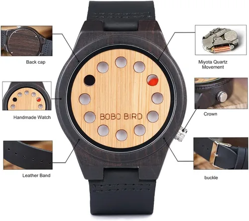 Vista 3 de BOBO BIRD Reloj de madera de bambú para hombre con correa de cuero de vaca negra, 12 agujeros, diseño temporizador, relojes deportivos casuales