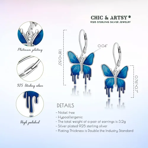 Vista 5 de CHIC ARTSY - Aretes de plata de ley 925 con diseño de mariposa con palanca en la espalda, joyería fina de animales para mujeres, regalos para ella