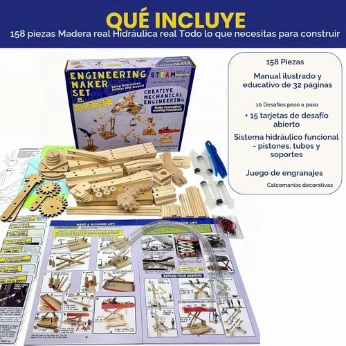Vista 2 de PATHFINDERS Juego de ingeniería: kit de construcción STEM de madera real Hidráulica, engranajes, palancas y poleas 10 desafíos + 15 tarjetas