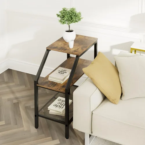 Vista 8 de Wolawu Mesa auxiliar de 3 niveles, estante rústico de madera marrón, decoración industrial, sofá, mesa auxiliar, moderno, mobiliario de acento