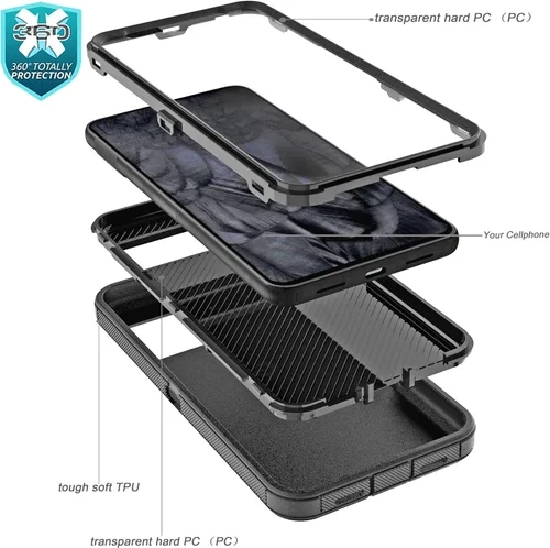 Vista 4 de YmhxcY Funda para Pixel 8 Pro con funda duradera de 3 capas a prueba de caídas/a prueba de golpes, funda de goma sólida para Google Pixel 8 Pro-Negro