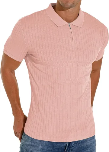 Vista 2 de Askdeer Camisas tipo polo con cremallera para hombre, ajustadas, casuales, elásticas, de punto acanalado, con cremallera