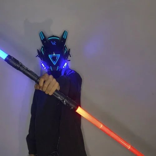 Vista 3 de Cyberpunk - Máscara de ciencia ficción, ropa técnica futurista, disfraz de Halloween, máscara LED, máscara de caballero negro